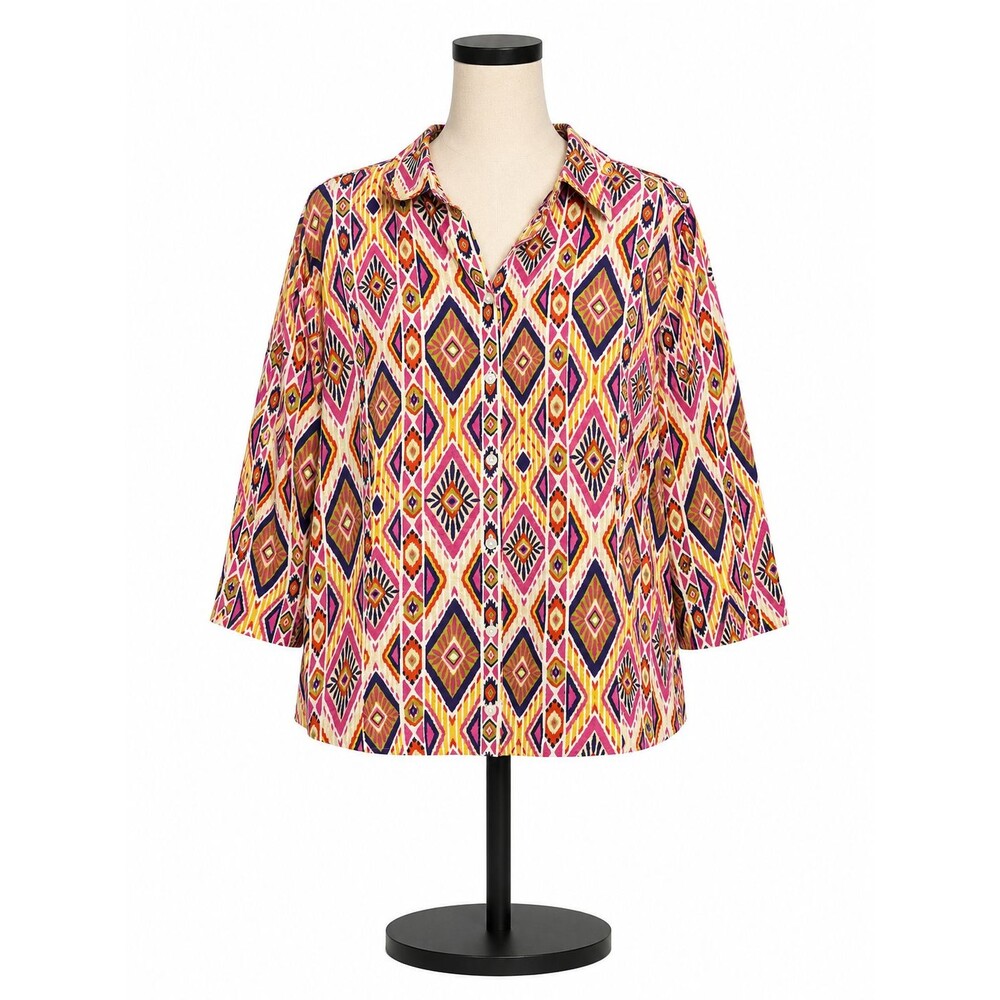 Chico's Womens Button Down Top Size 2 US Medium Printed Blouse 3/4 Sleeve Linen